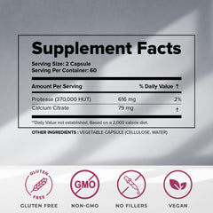 Ingredients graphic highlights calcium citrate and protease enzymes in the formula