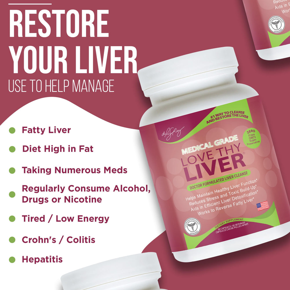 Label detail on Love Thy Liver showing enzymes and herbs for detox support.