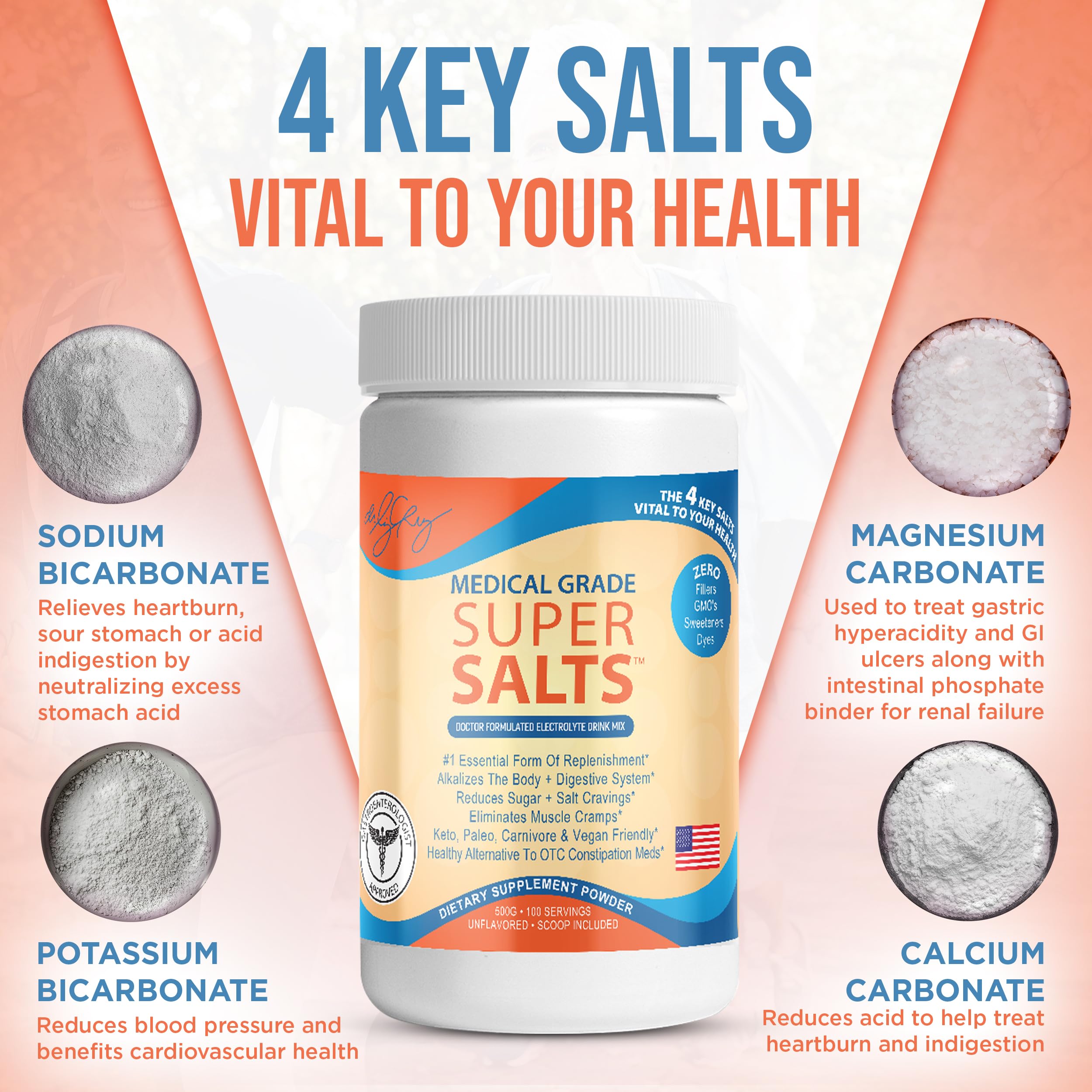 Unflavored Dr. Liz Cruz Super Salts powder blends into a drink smoothly