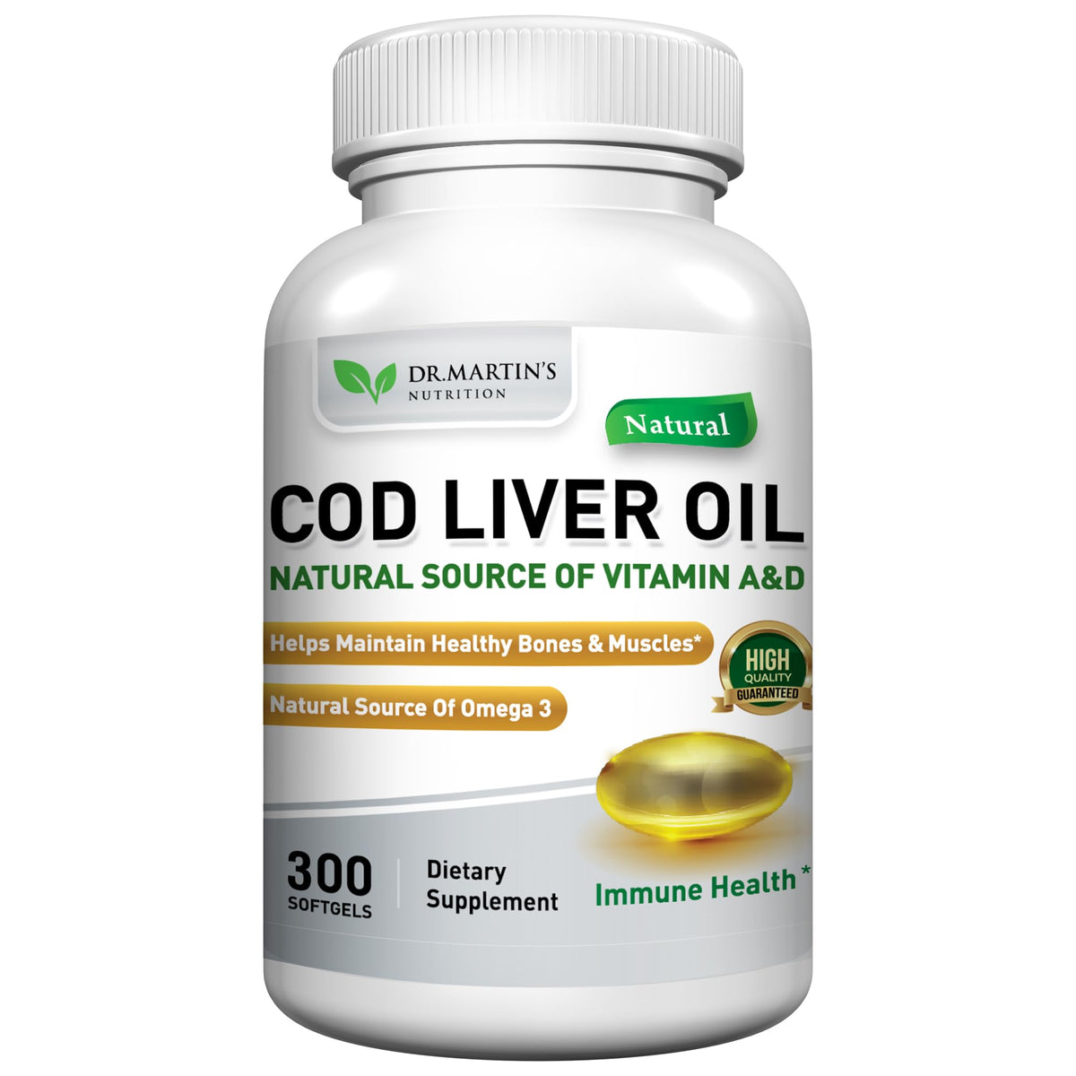 DR. MARTIN'S NUTRITION cod liver oil bottle highlighting omega-3 and vitamins A&D for wellness