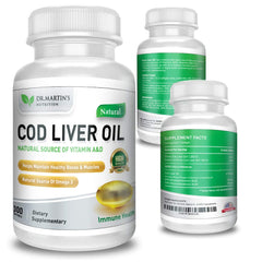Close-up of DR. MARTIN'S NUTRITION cod liver oil capsules for easy daily dosing.