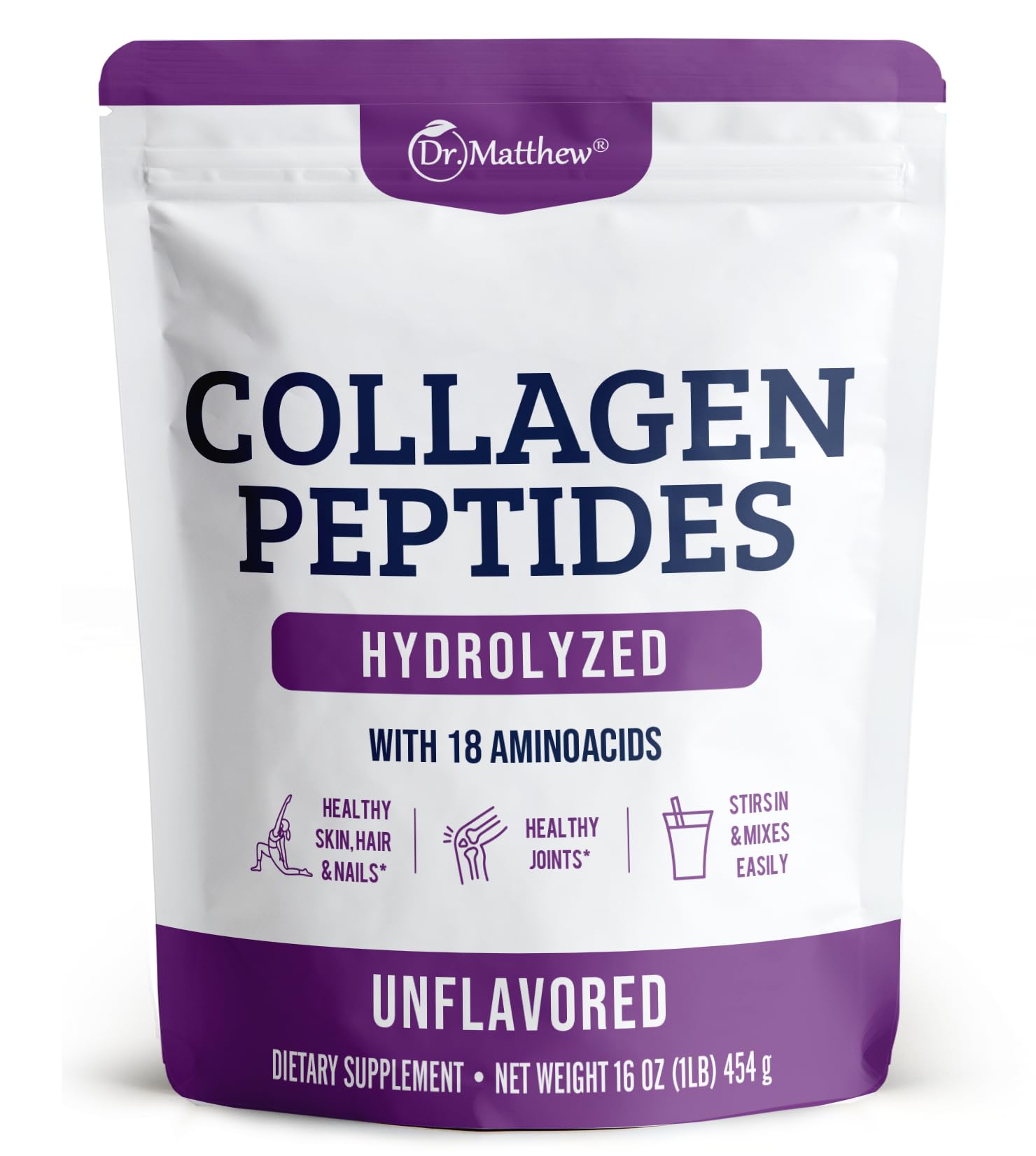 Dr. Matthew collagen peptides powder bottle promotes skin hydration and joint health.
