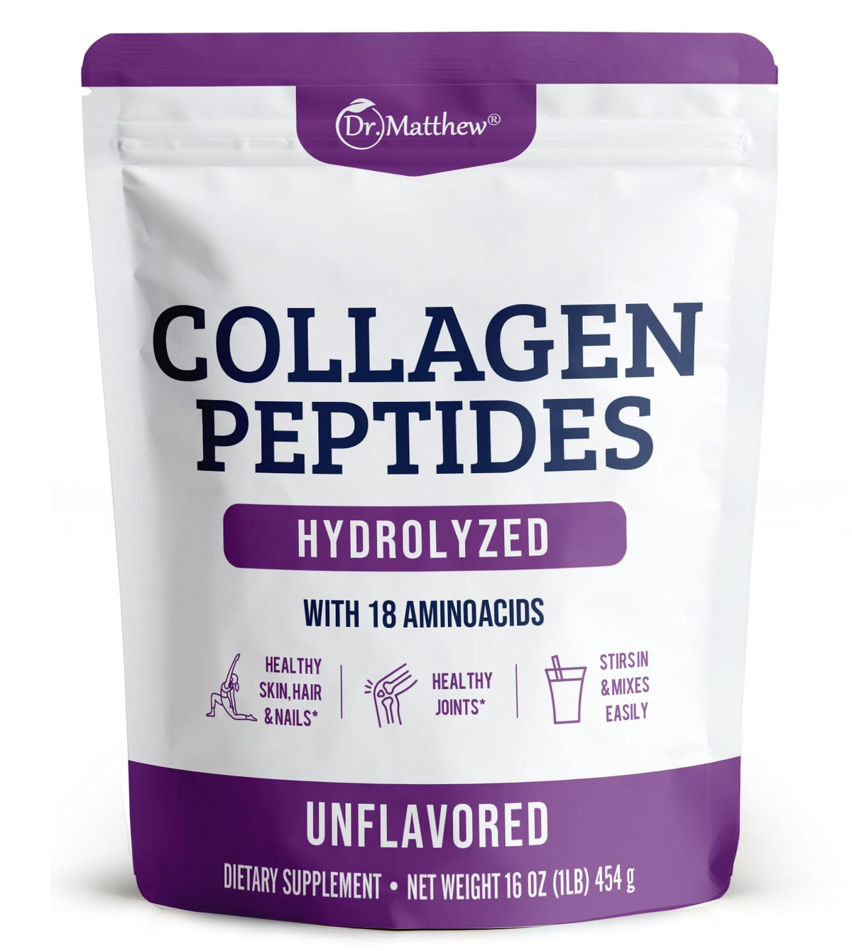 Dr. Matthew collagen peptides powder bottle promotes skin hydration and joint health.