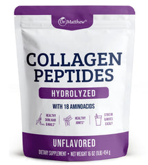Dr. Matthew collagen peptides powder bottle promotes skin hydration and joint health.