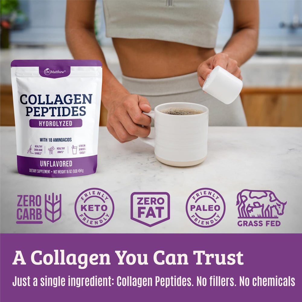 Dr. Matthew collagen peptides scoop for precise serving and easy mixing.