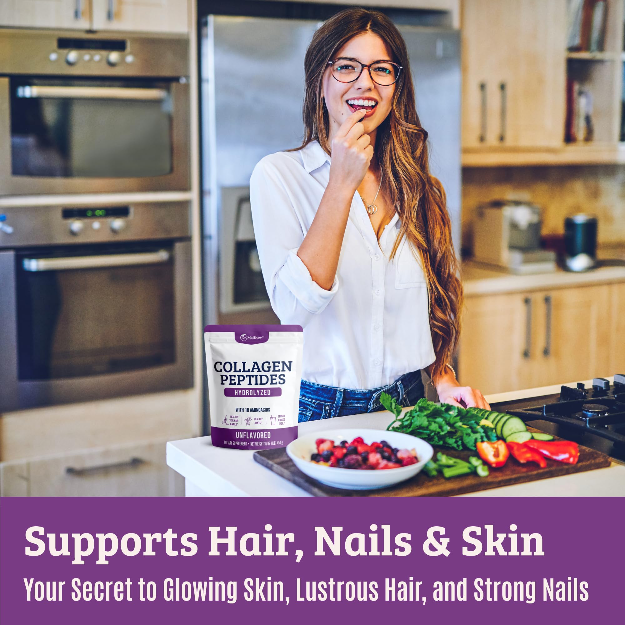 Dr. Matthew collagen peptides smoothie mix demonstrates easy integration.