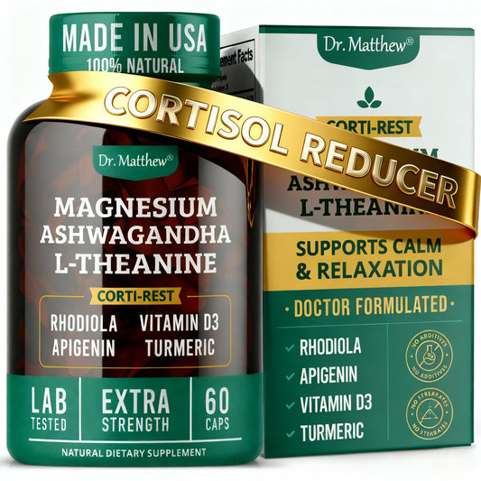 Dr. Matthew CortiRest bottle label showing natural cortisol support for calm focus.