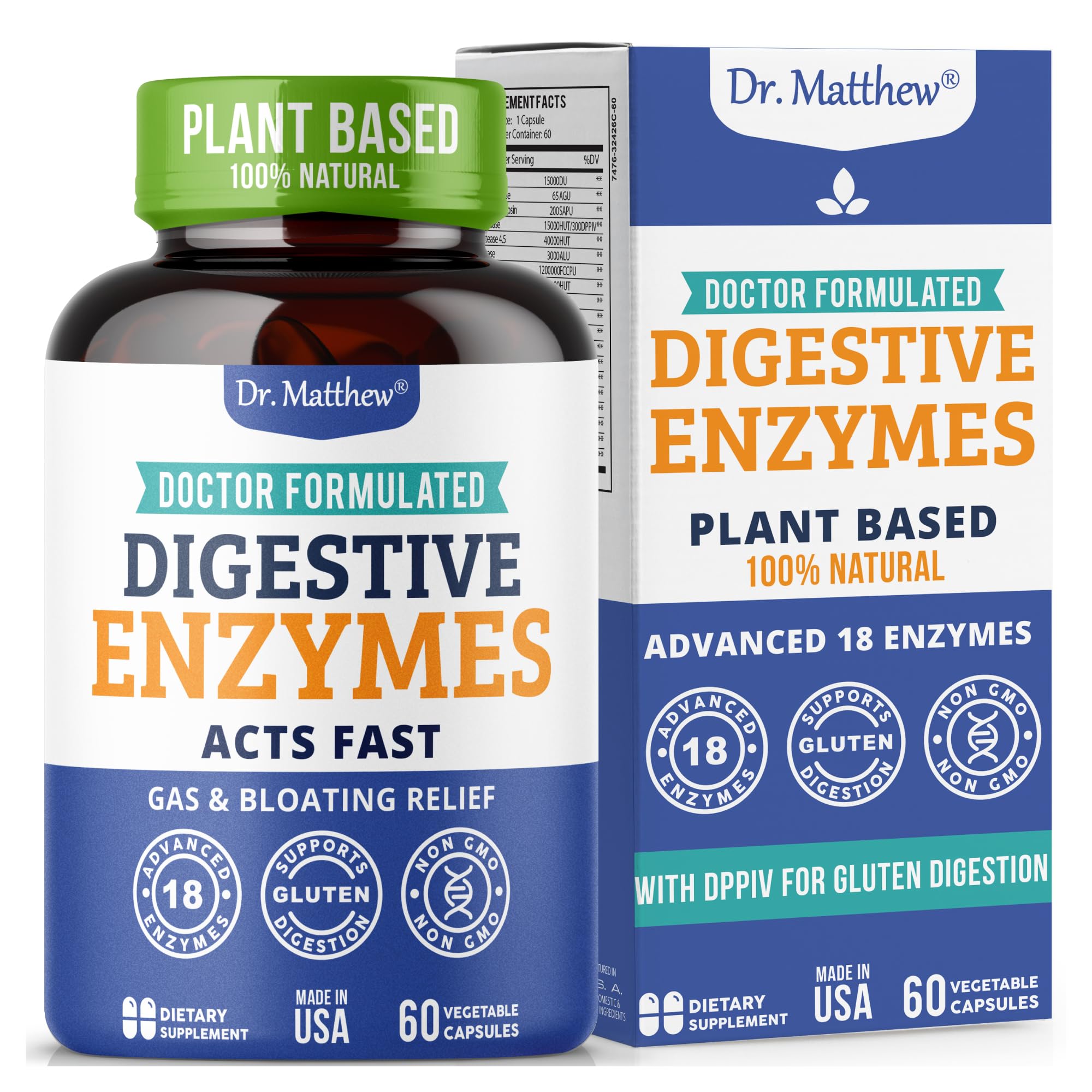Dr. Matthew digestive enzymes bottle label highlights 18 enzymes for smoother digestion.