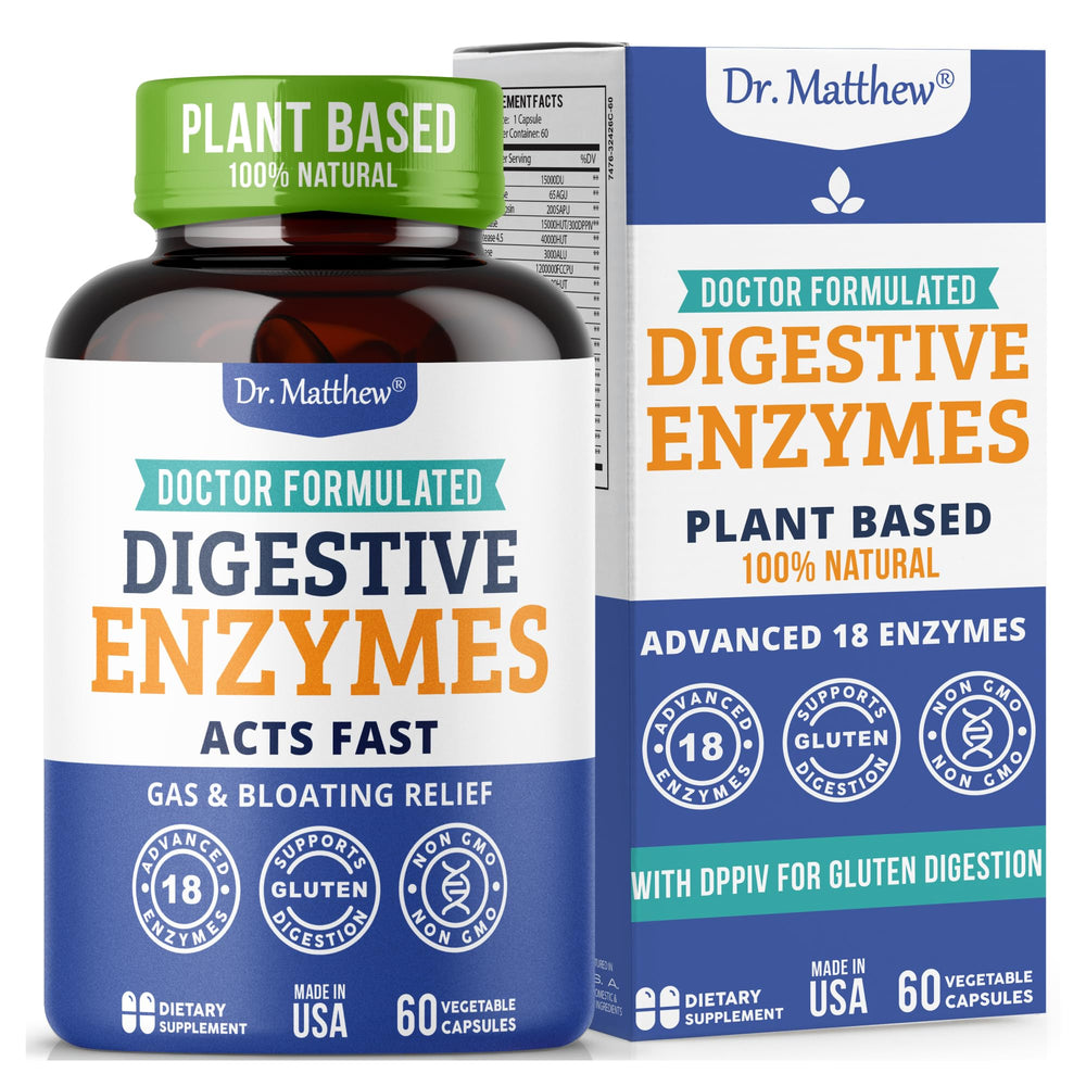 Dr. Matthew digestive enzymes bottle label highlights 18 enzymes for smoother digestion.