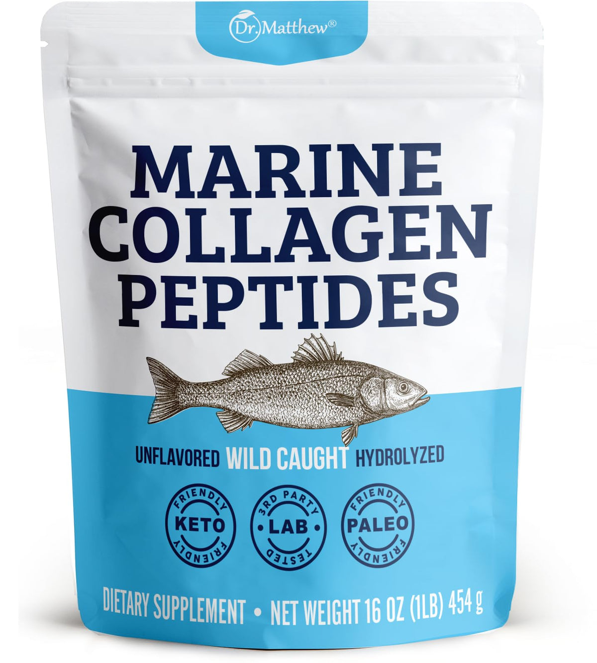 Dr. Matthew Marine Collagen powder scoop showing daily serving size and protein focus.