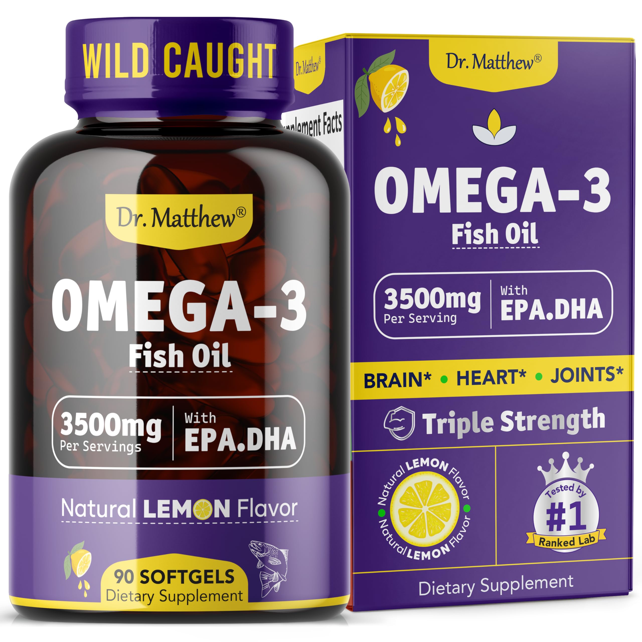 Dr. Matthew Omega-3 softgels lemon bottle for burpless daily use.
