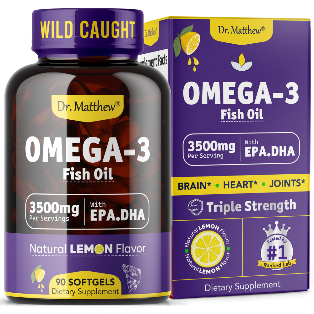 Dr. Matthew Omega-3 softgels lemon bottle for burpless daily use.