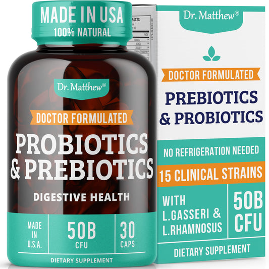 Dr. Matthew prebiotics and probiotics capsules deliver 50 billion CFU for gut diversity.