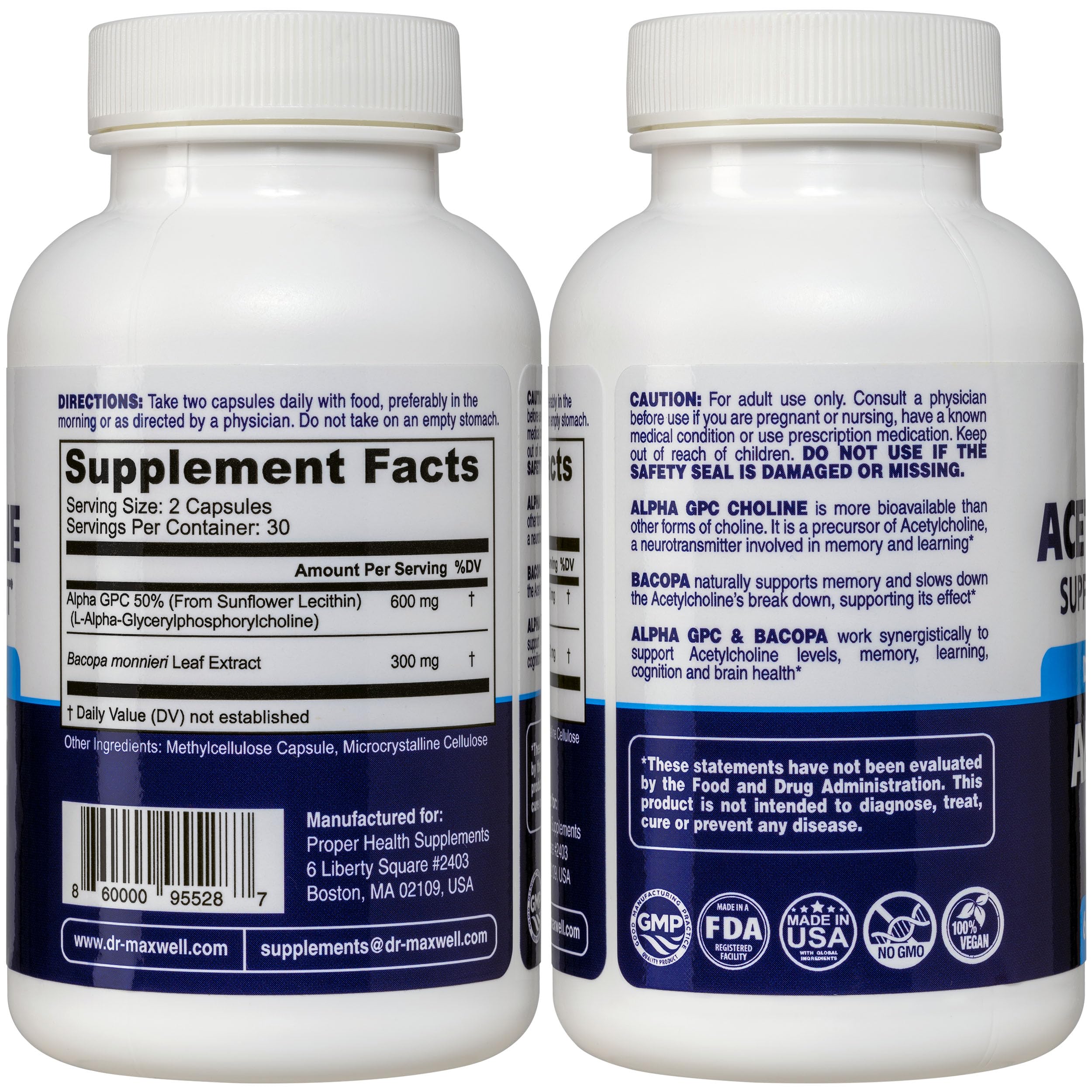 Close-up label on Dr. Maxwell bottle highlighting Alpha GPC content