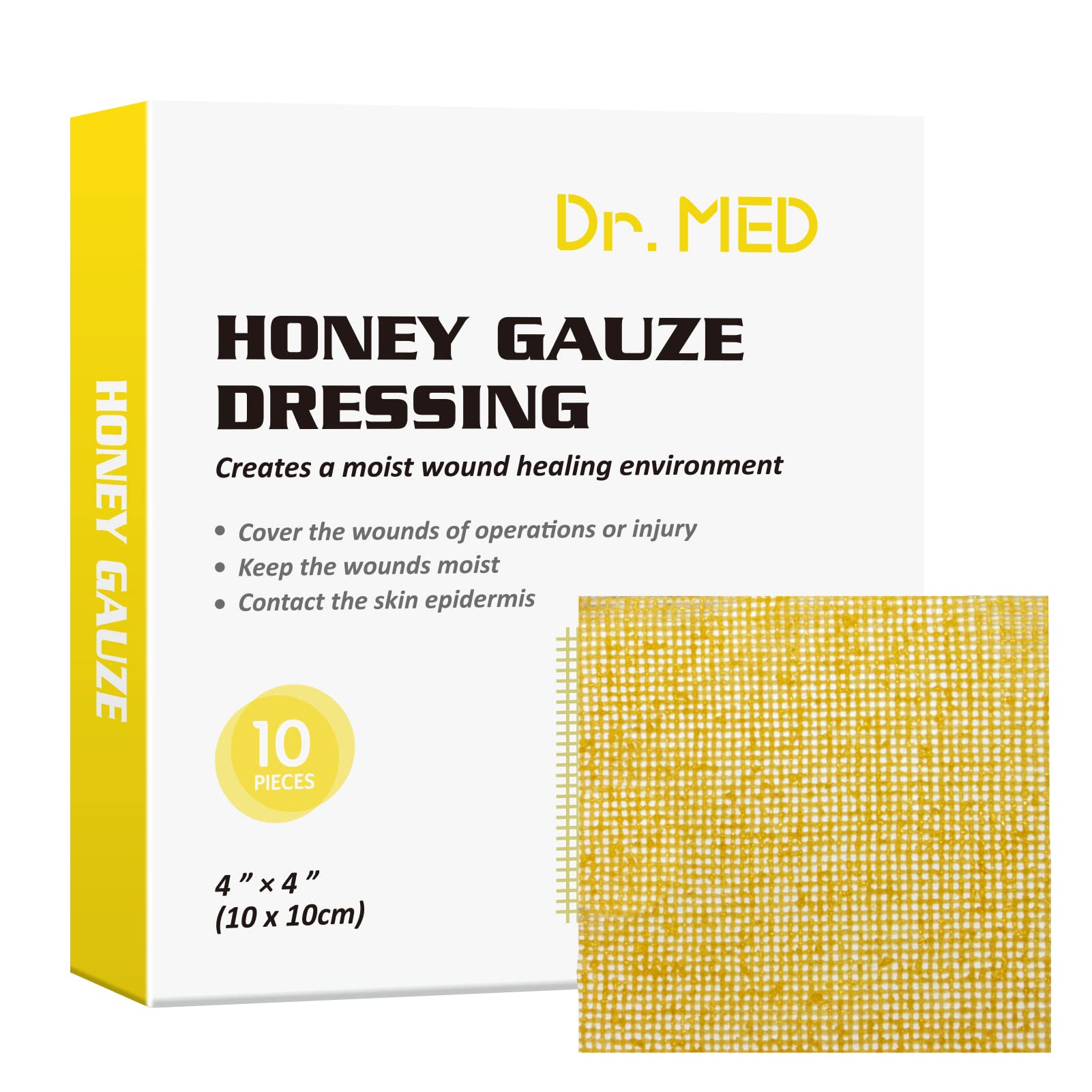 Dr. Med honey gauze dressing 4x4 box; sterile packaging supports clean wound care.