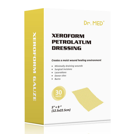 Dr. Med Xeroform patch box front showing packaging for safe wound care
