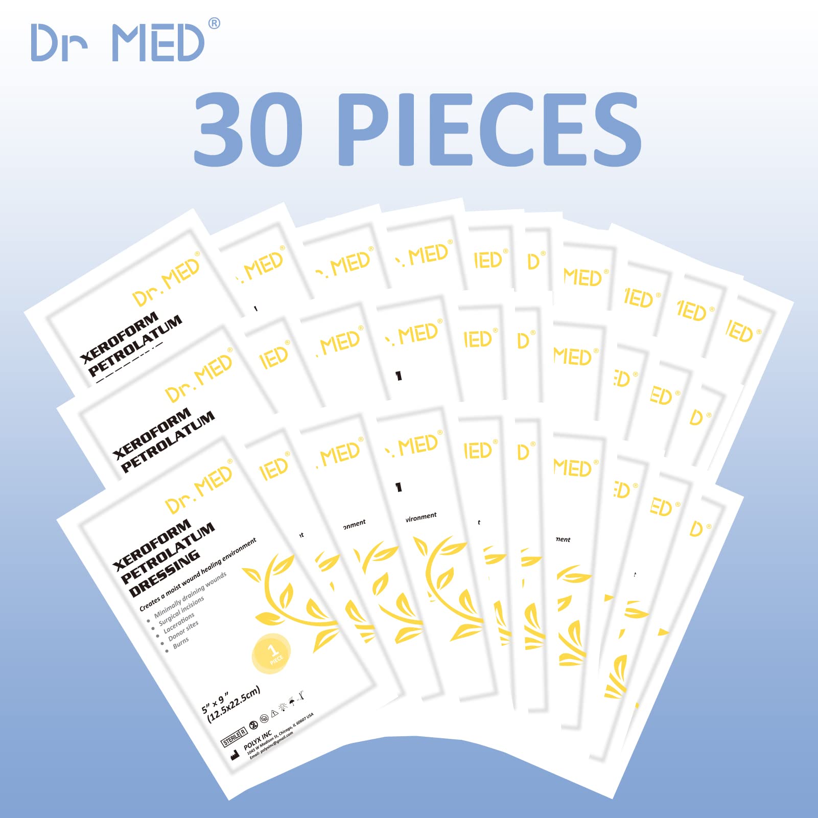 Dr. Med Xeroform patch label and box with sizing information