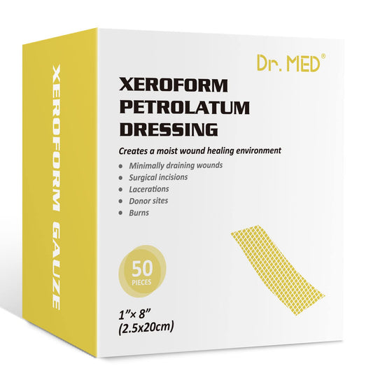 Dr. Med Xeroform petrolatum dressing 1x8 pack offering non-adherent wound coverage.