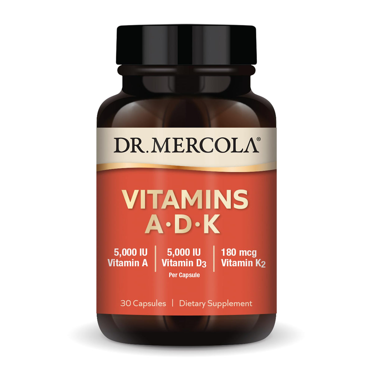Dr. Mercola ADK bottle with immune-supporting vitamins for daily wellness.