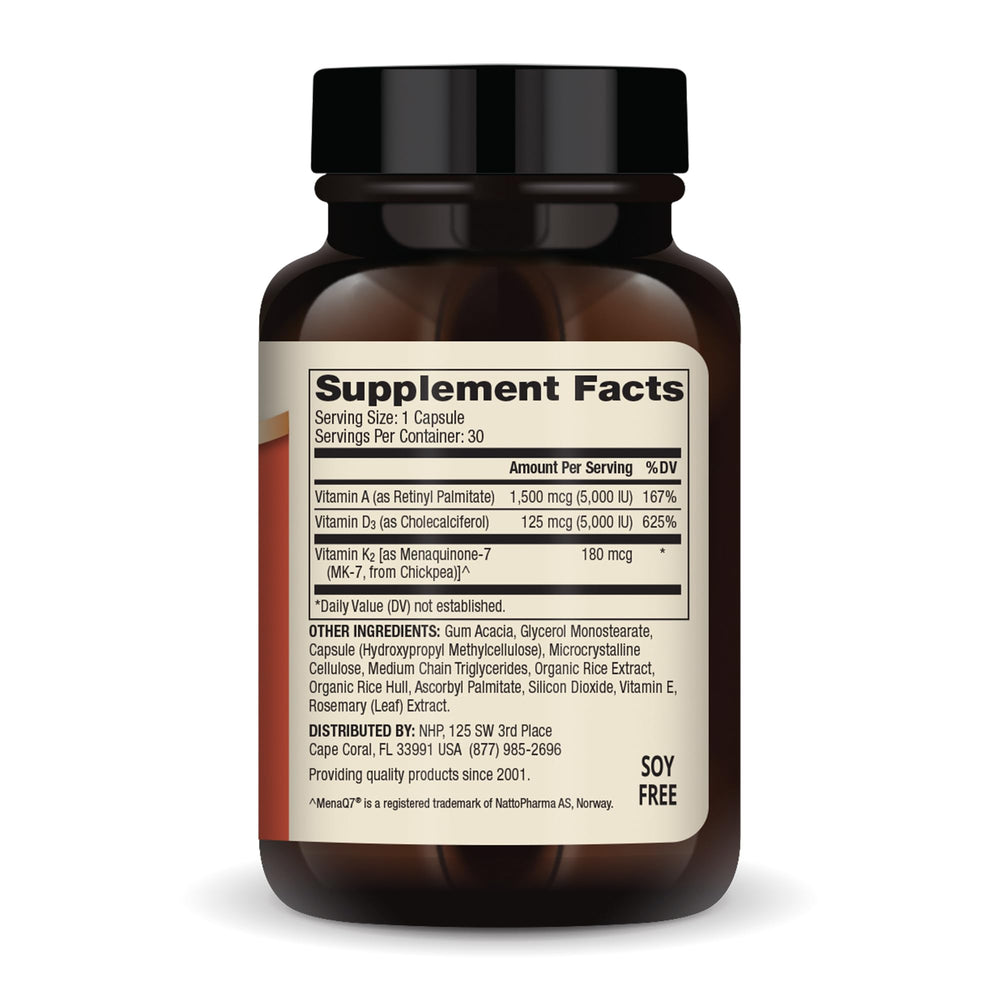 Dr. Mercola ADK capsules showing balanced ADK nutrients for bone and circulatory support.