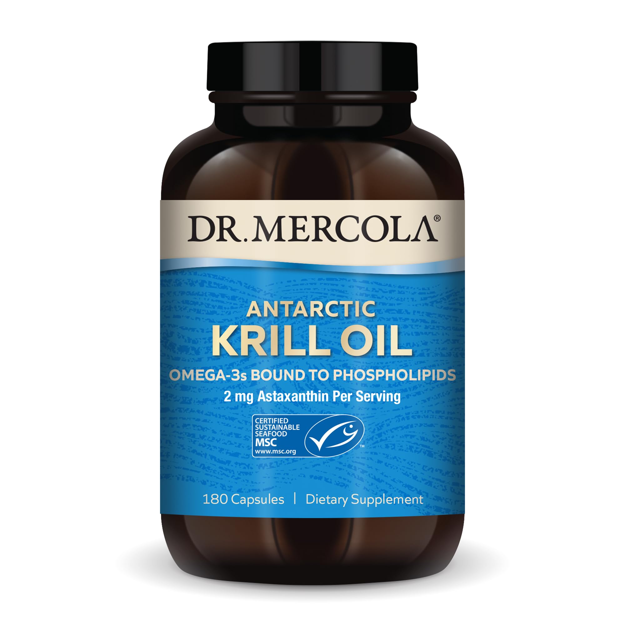 Dr. Mercola Antarctic Krill Oil bottle for daily omega-3 intake.