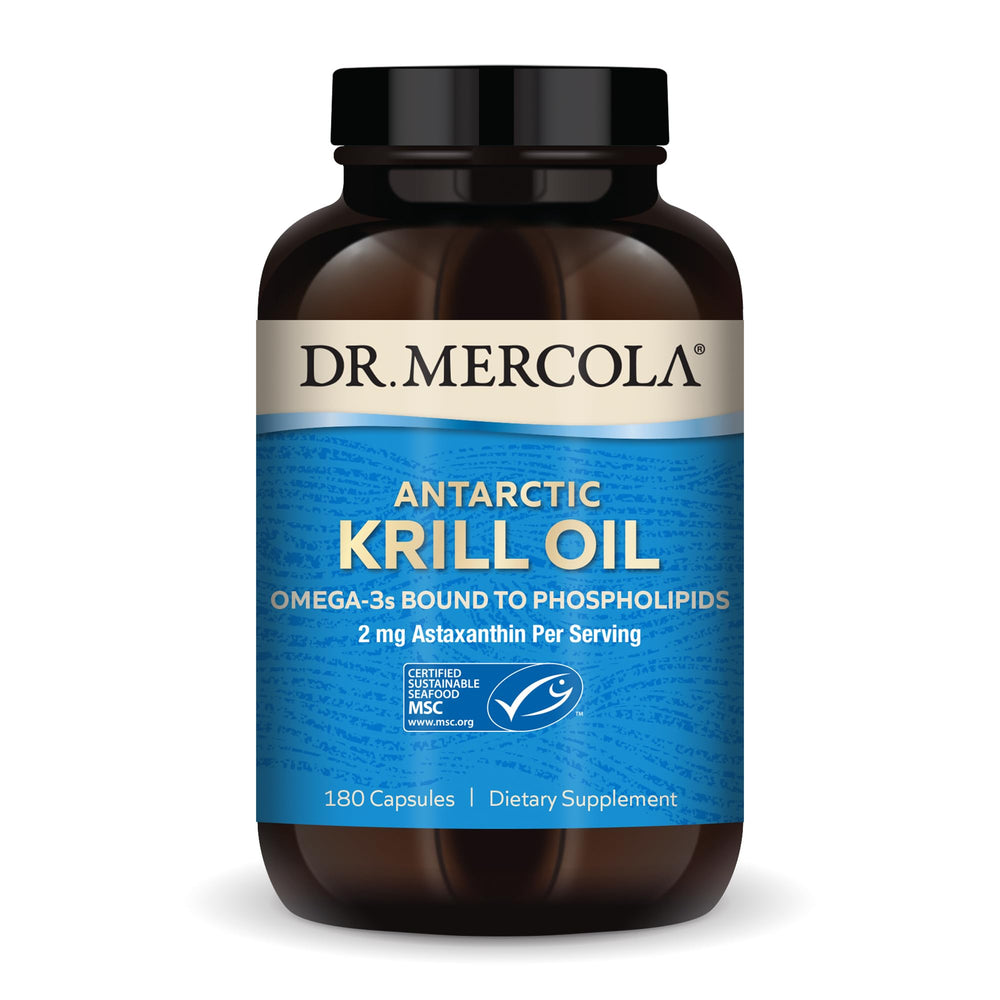 Dr. Mercola Antarctic Krill Oil bottle for daily omega-3 intake.