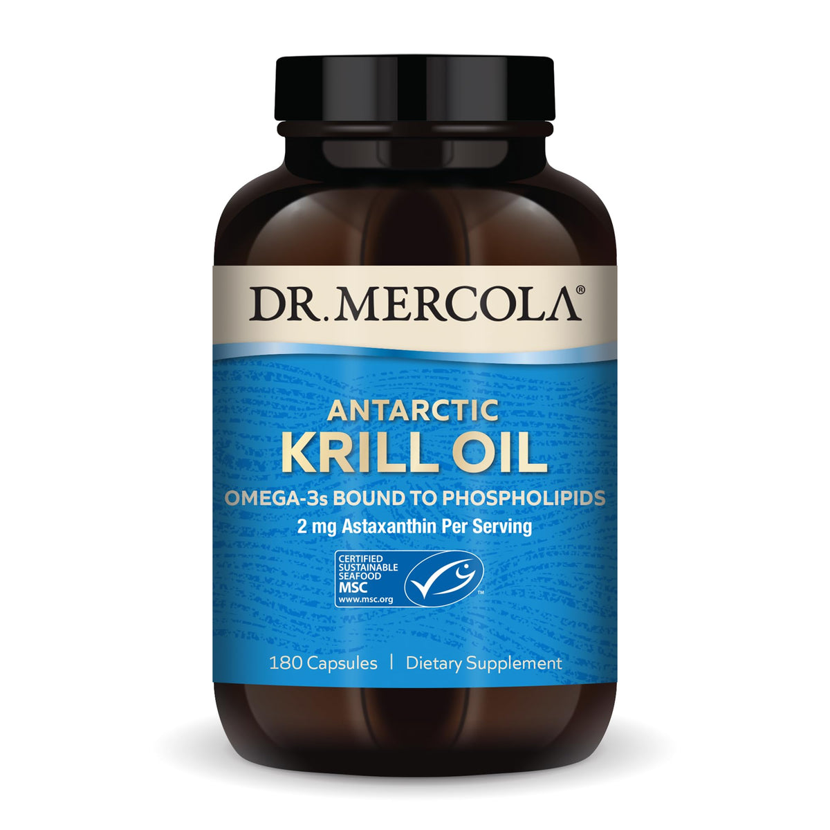 Dr. Mercola Antarctic Krill Oil bottle for daily omega-3 intake.