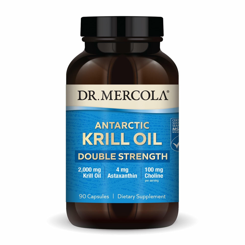 Dr. Mercola Antarctic Krill Oil bottle on a shelf emphasizing omega-3 support.