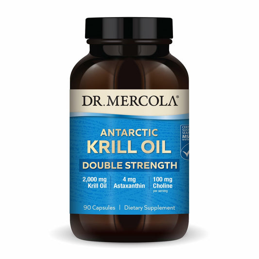Dr. Mercola Antarctic Krill Oil bottle on a shelf emphasizing omega-3 support.