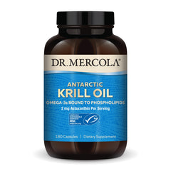 Dr. Mercola Antarctic Krill Oil bottle for daily omega-3 intake.