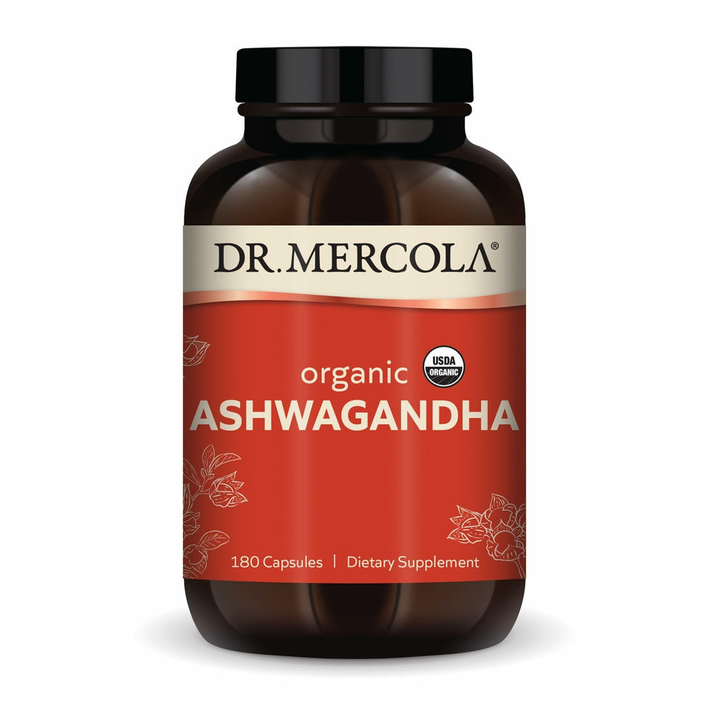 Dr Mercola Organic Ashwagandha bottle close-up for daily balance