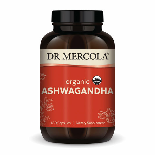 Dr Mercola Organic Ashwagandha bottle close-up for daily balance