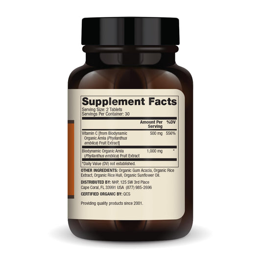 Closeup of Dr. Mercola biodynamic vitamin C amla tablets for daily antioxidant intake