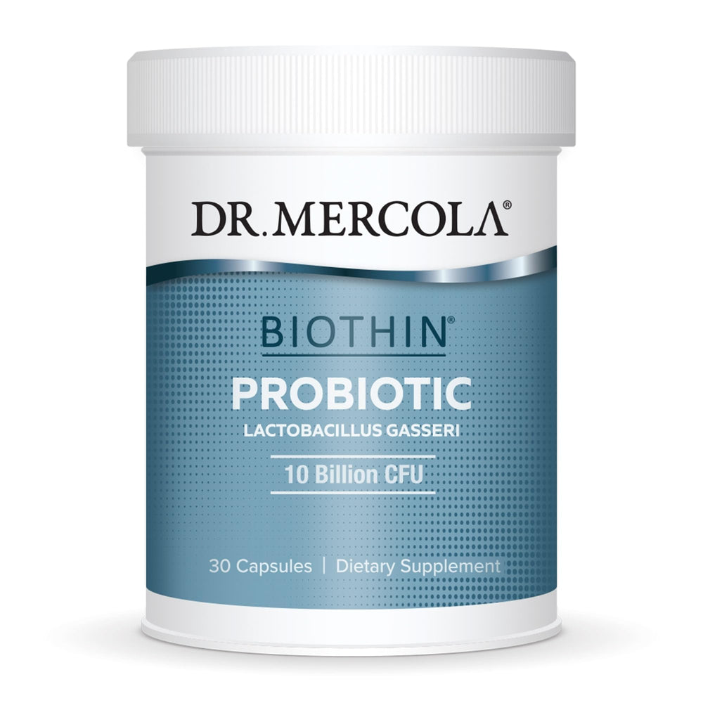 Dr. Mercola Biothin Probiotic bottle label highlighting metabolism support and gut health.