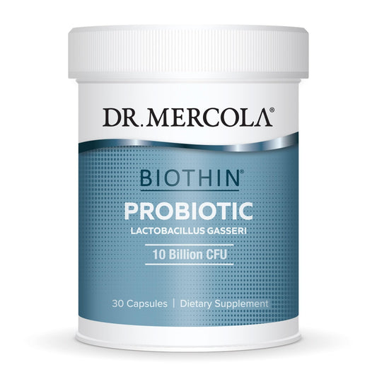 Dr. Mercola Biothin Probiotic bottle label highlighting metabolism support and gut health.