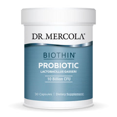 Dr. Mercola Biothin Probiotic bottle label highlighting metabolism support and gut health.