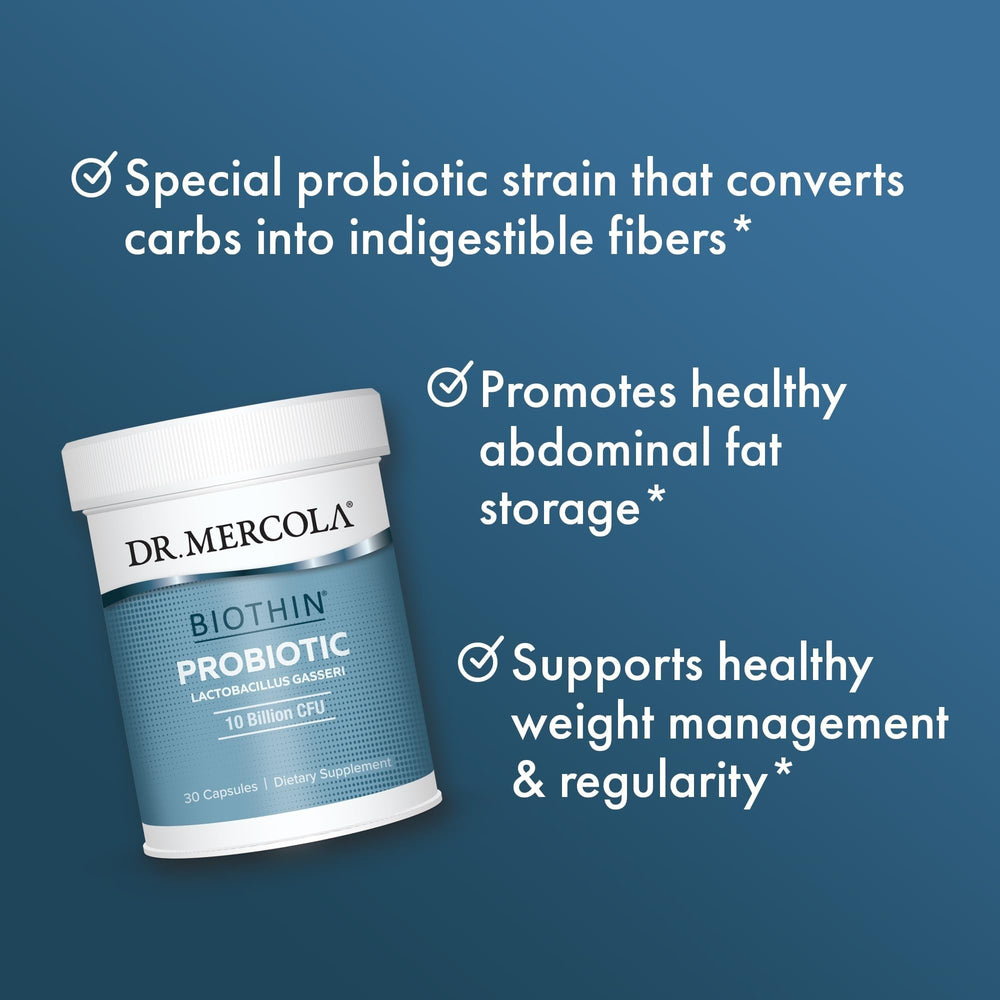 Dr. Mercola Biothin Probiotic packaging emphasizes GMO-free, gluten-free, and soy-free attributes.