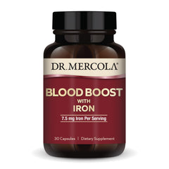Dr. Mercola Blood Boost with Iron capsule close-up highlighting iron content for steady energy.