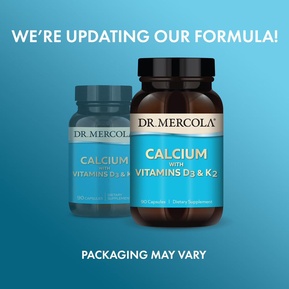 Dr Mercola calcium D3 K2 bottle on table showing convenient daily intake