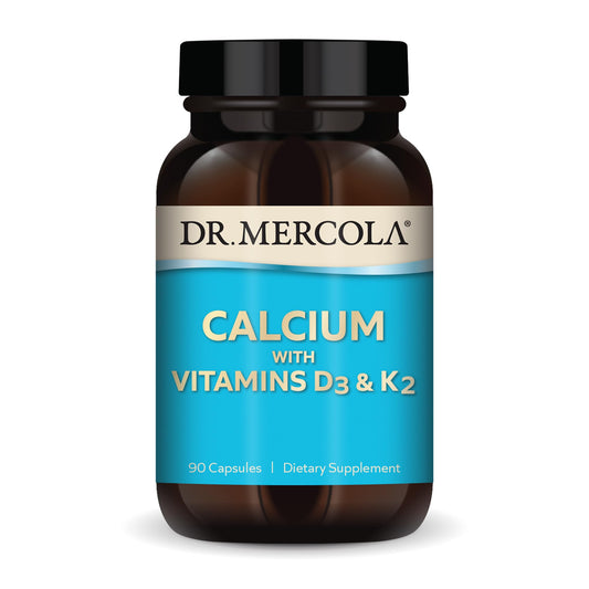 Dr. Mercola Calcium with D3 & K2 eggshell bottle on counter may support bone health