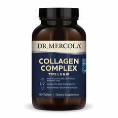 Dr. Mercola Collagen Complex bottle displaying multi-source formula for skin and connective tissue support.