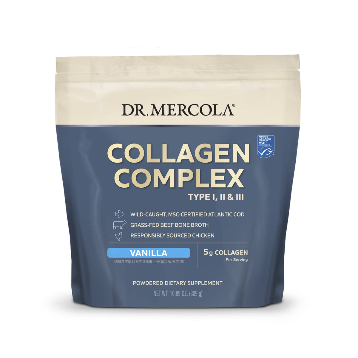 Dr Mercola Collagen Complex bottle front showing vanilla flavor for skin and tissue support