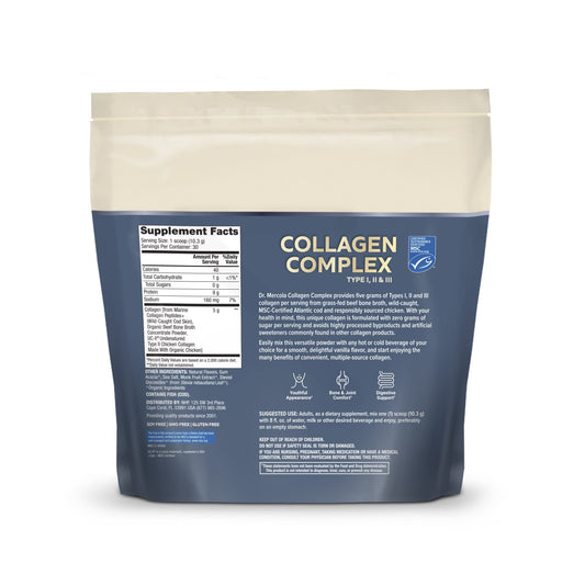 Dr Mercola Collagen Complex powder scoop highlights convenient daily serving