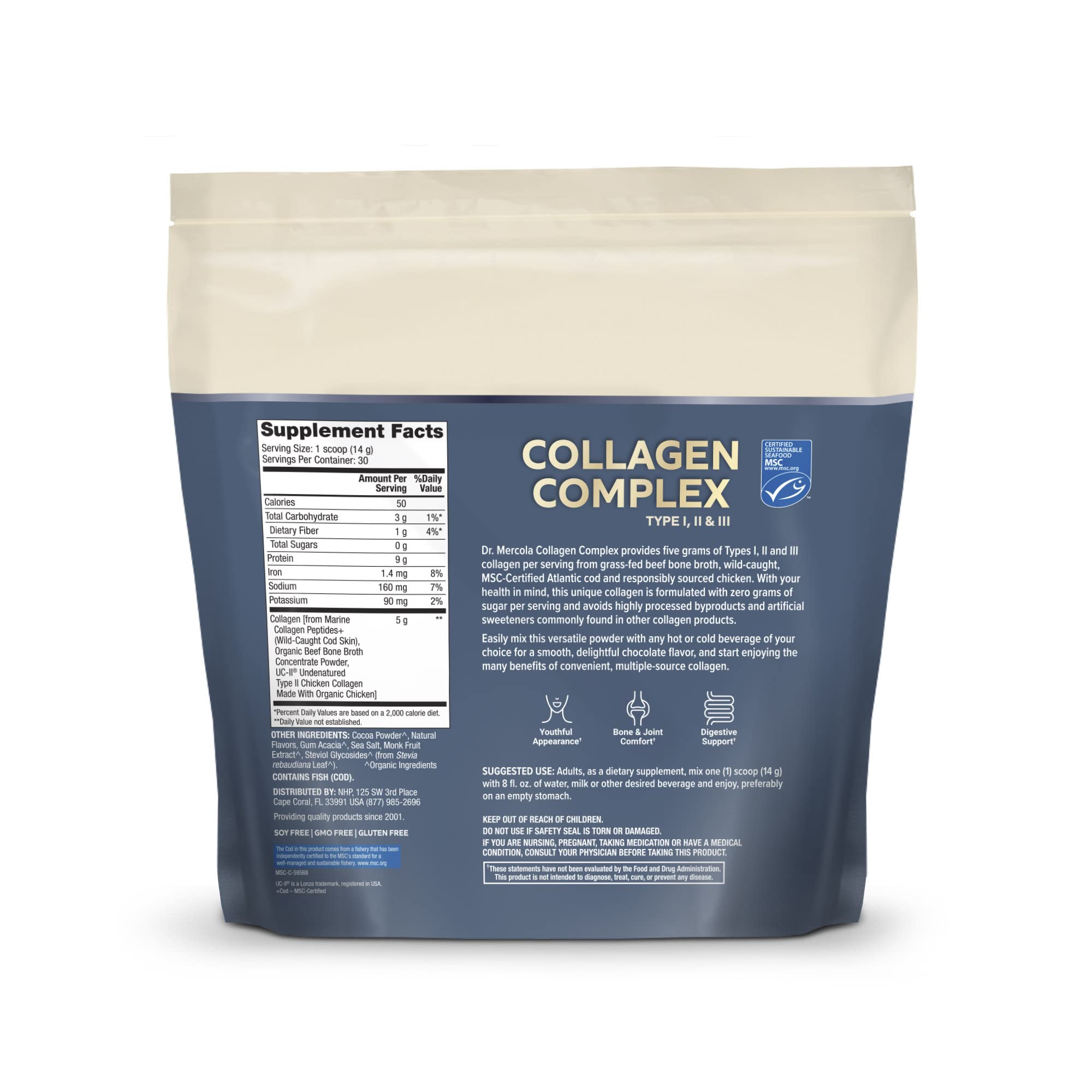 Serving scoop illustrating 5 g collagen per serving for daily supplementation.