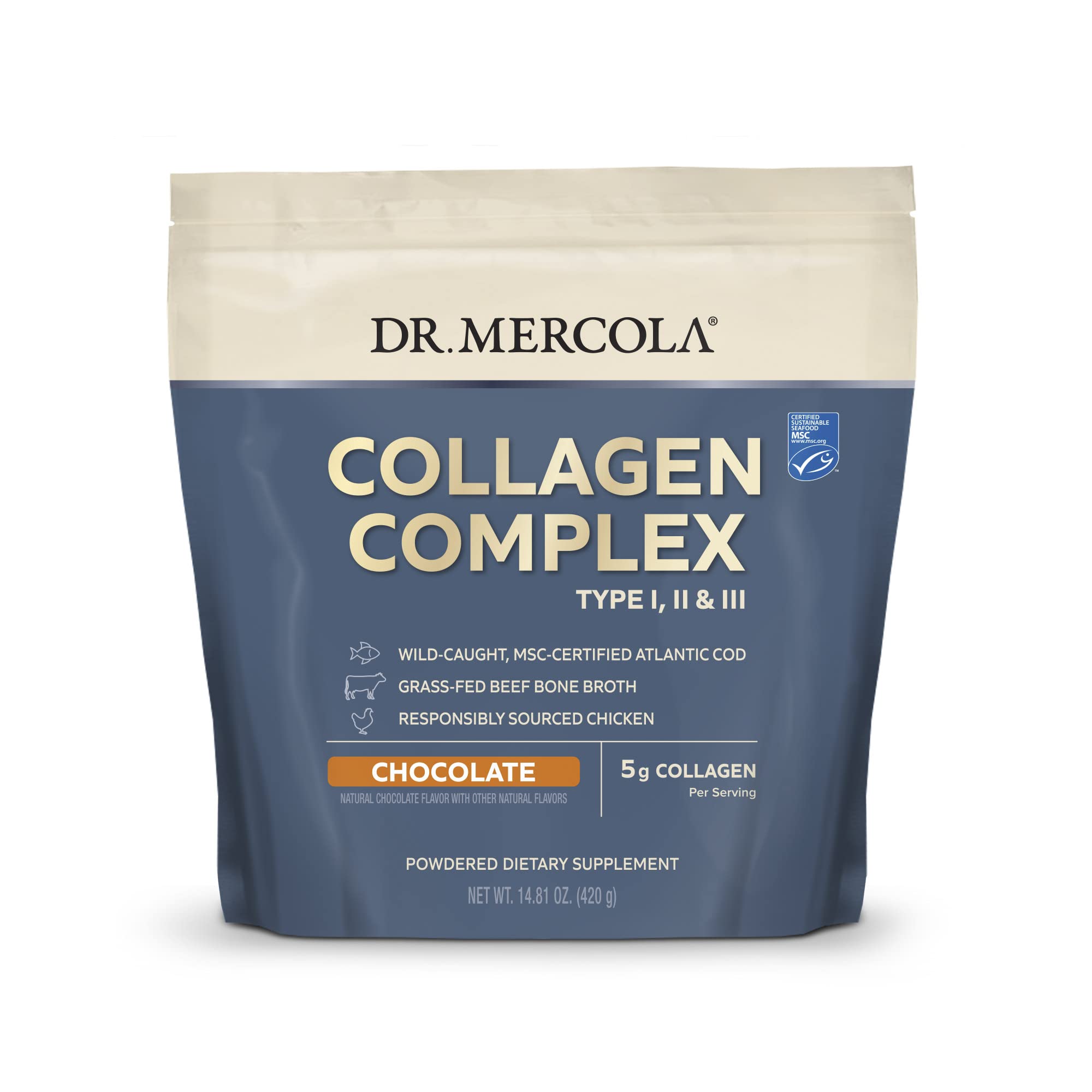 Dr. Mercola Collagen Complex Powder tub front view for daily skin and joint support.