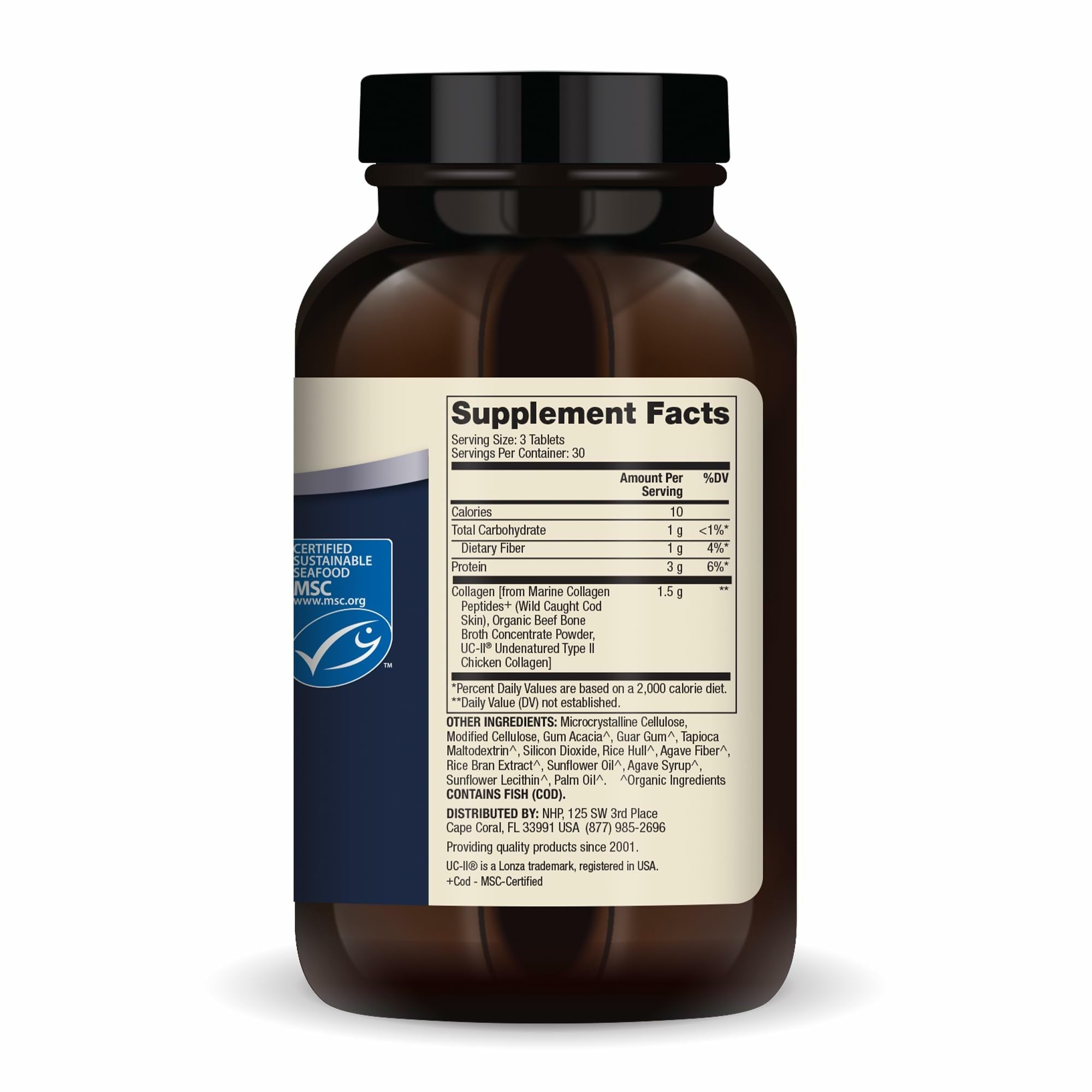 Close-up of Dr. Mercola Collagen Complex tablets ready for daily use.