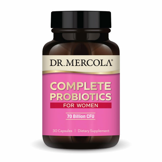 Dr. Mercola Complete Probiotics for Women bottle pour promotes simple daily use for gut balance.
