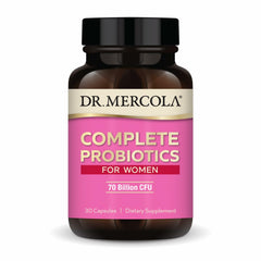 Dr. Mercola Complete Probiotics for Women bottle pour promotes simple daily use for gut balance.