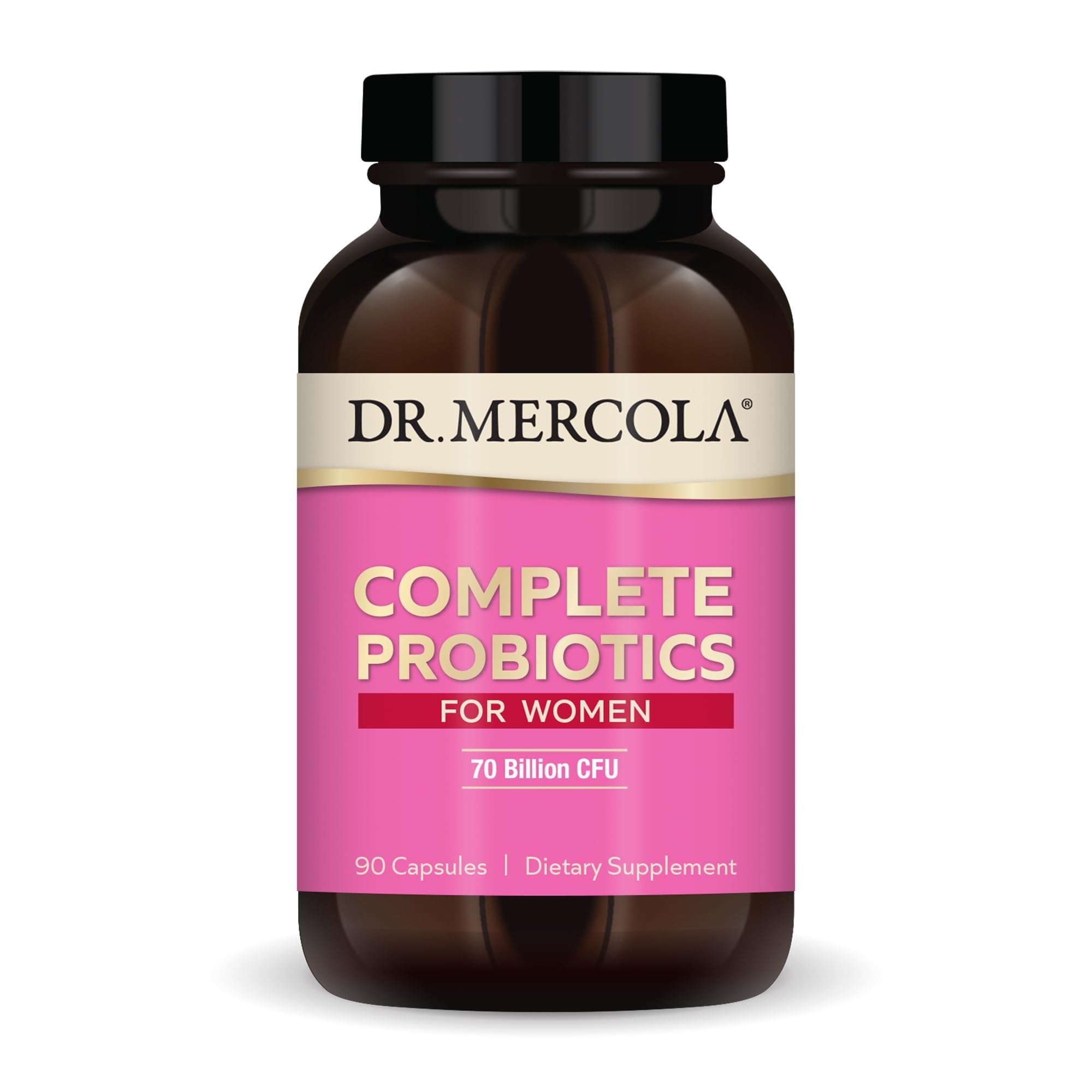 Dr. Mercola Complete Probiotics for Women bottle with capsules supporting gut balance.