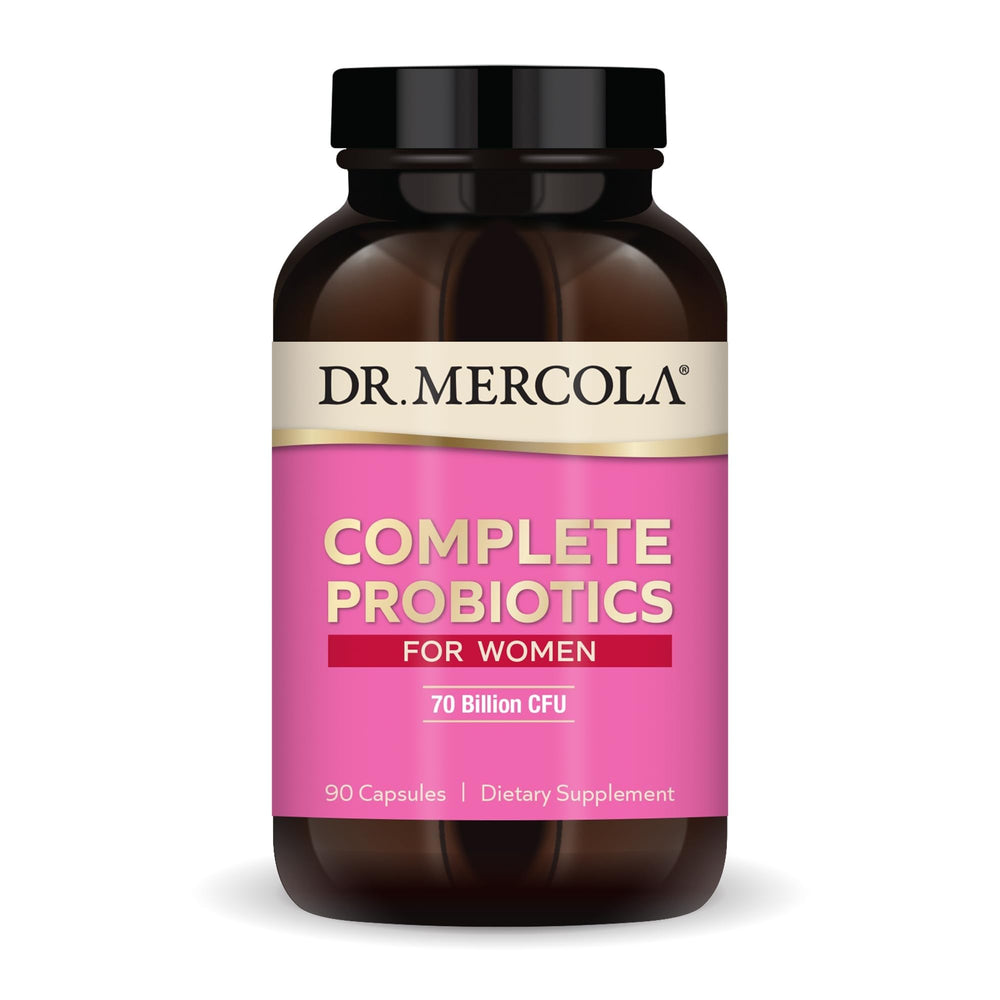 Dr. Mercola Complete Probiotics for Women bottle with capsules supporting gut balance.